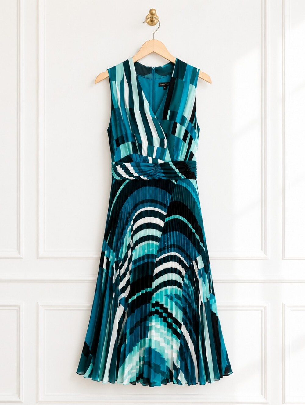 Maison Tara Pleated Faux Wrap Midi Dress | Blue Teal Abstract Print | Size 8 - Picture 6 of 9
